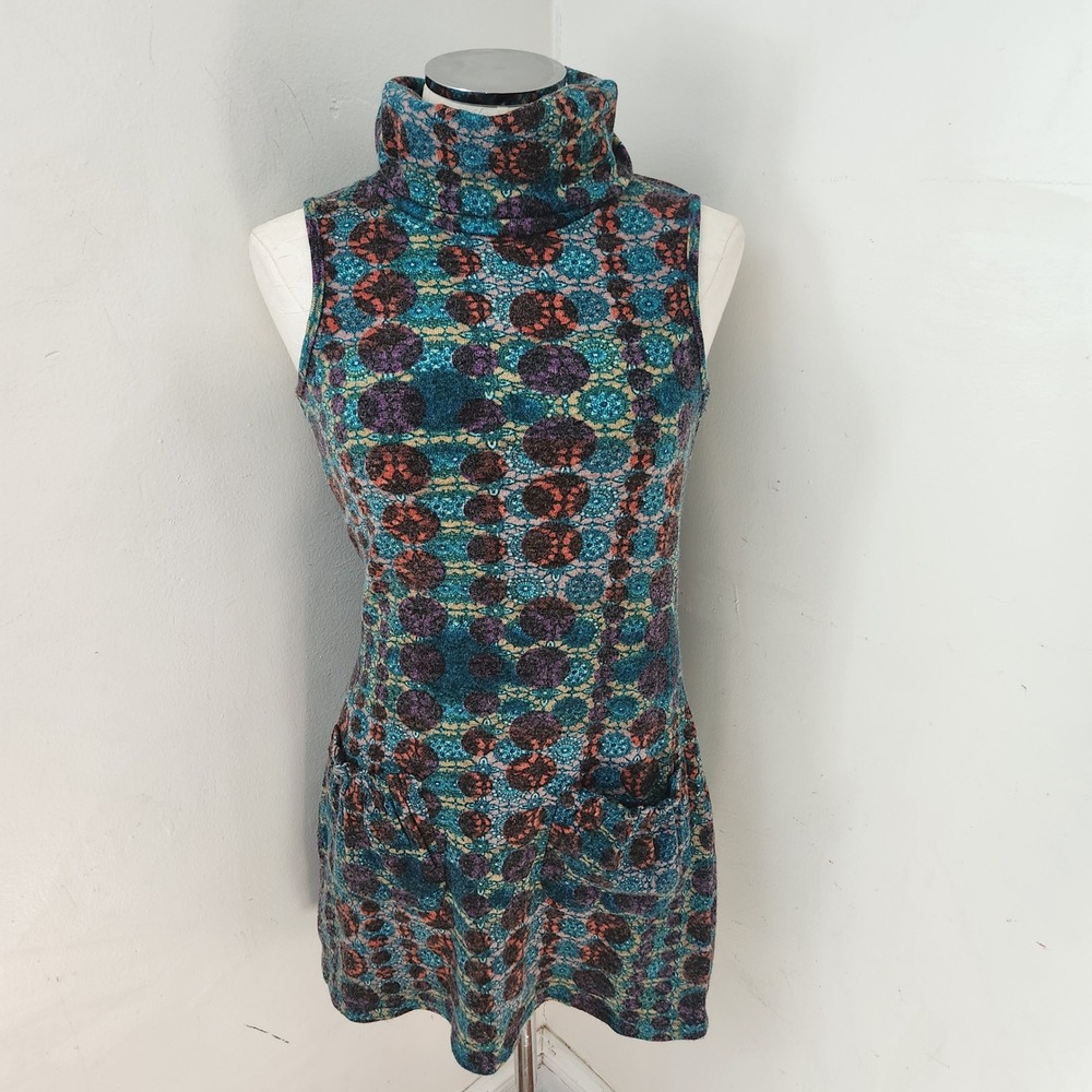 Aryeh Womens Small Teal Purple Medallion Knit Sleeveless‎ Turtleneck Tunic Dress